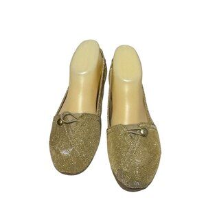Faded Glory Gold Glitter Ballet Flats With Elastic Strap & Button Detail